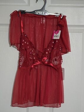 Spree Red Lace & Sequin Babydoll Chemise Set